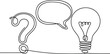 © atikur - A single continuous line drawing featuring a question mark, speech bubble, and a bright light bulb