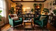 © kinomaster - A warm and inviting podcast environment featuring armchairs, microphones, and vibrant greenery for a relaxed atmosphere. Generative AI.