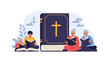 © MS - Multi generational family sits together to read the Holy Bible and share their faith and religious values in a peaceful and supportive home setting.