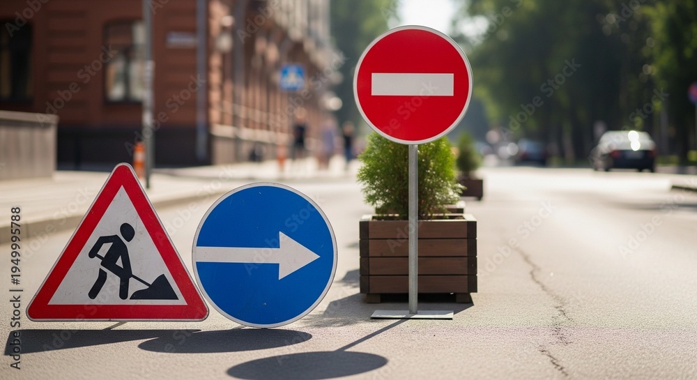 Roadwork Signage and Traffic Directional Signs on City Street ...