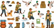 © MdMunzurul - Cartoon Duck Hunting Character Set with Hunter Dog Mallard Birds Backpack Boots Binoculars and Outdoor Adventure Equipment Vector Illustration