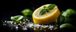 © พีระพล บุญนําเสถียร - Lemon slice topped with mint leaves surrounded by salt, pepper, and fresh basil, set against a dark background for vibrant contrast.