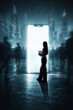 © Lustre Art Group  - Businesswoman standing before giant glowing smartphone portal in futuristic digital city. Concept of mobile technology, digital communication, online connectivity and modern digital life.