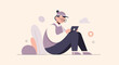 © Agung - Person wearing glasses and cap, sitting and using tablet, surrounded by abstract shapes