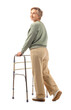 © Pixel-Shot - Mature woman using walker on white background, back view