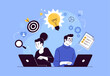 © nadzeya26 - Design Thinking Concept. Vector cartoon flat illustration of two people working with laptops and creative icons around. Idea generation, research, analysis, problem solving, and  collaboration.