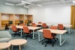 © VideoFlow - Modern classroom interior with desks, chairs, and cozy booth seating. Ai generative