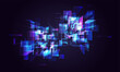 © Hilch - AI quantum tunnel background. Abstract 3D grid. Digital tech portal perspective. Matrix neon aesthetic, big data cyber network, science. Futuristic blue-purple code squares. Laser particles explosion