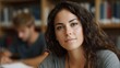 © Bussakon - Portrait of a young woman in a library looking directly at the with a calm intelligent expression soft focus background