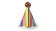© KOKOM KOMARIAH - A colorful striped party hat with a pom-pom top, isolated on a clean white background, evoking a festive and joyful mood.