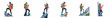 © Nurdayatt - Set of illustrations depicting a female hiker in outdoor gear using a walkie-talkie while navigating rocky mountain peaks for adventure and safety.