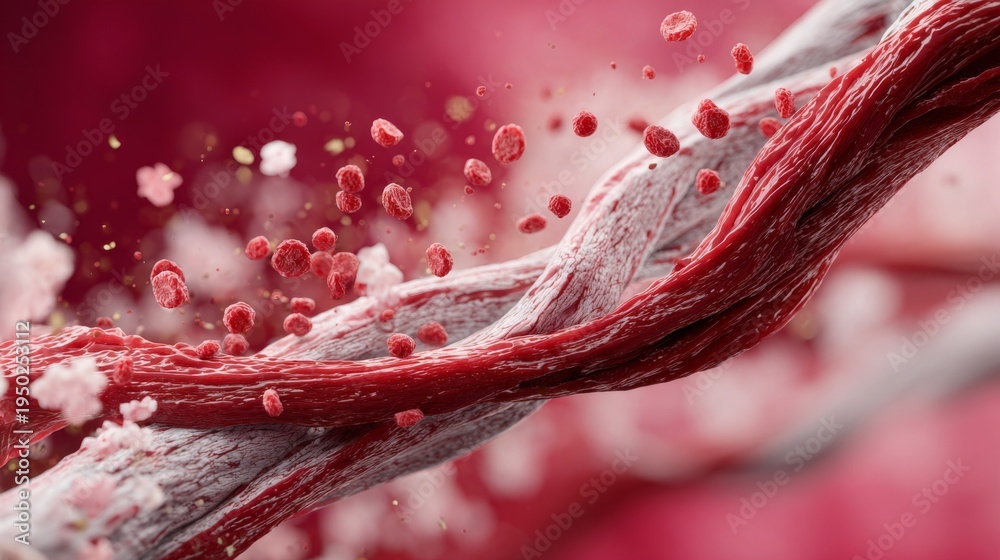 Microscopic view of red blood cells flowing through intricate vessels ...