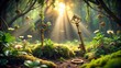 © Vibrant Visions Pixe - Enchanted Forest Keys Sunlit Moss, Mystical Plants, and Ornate Golden Keys Resting Amongst Lush Greenery