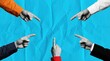 © tonstock - Conceptual collage of multiple hands pointing fingers toward the center representing blame and workplace accusation.