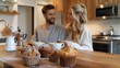© Visionary Vistas - Couple shares muffins and coffee in modern kitchen island warm morning light