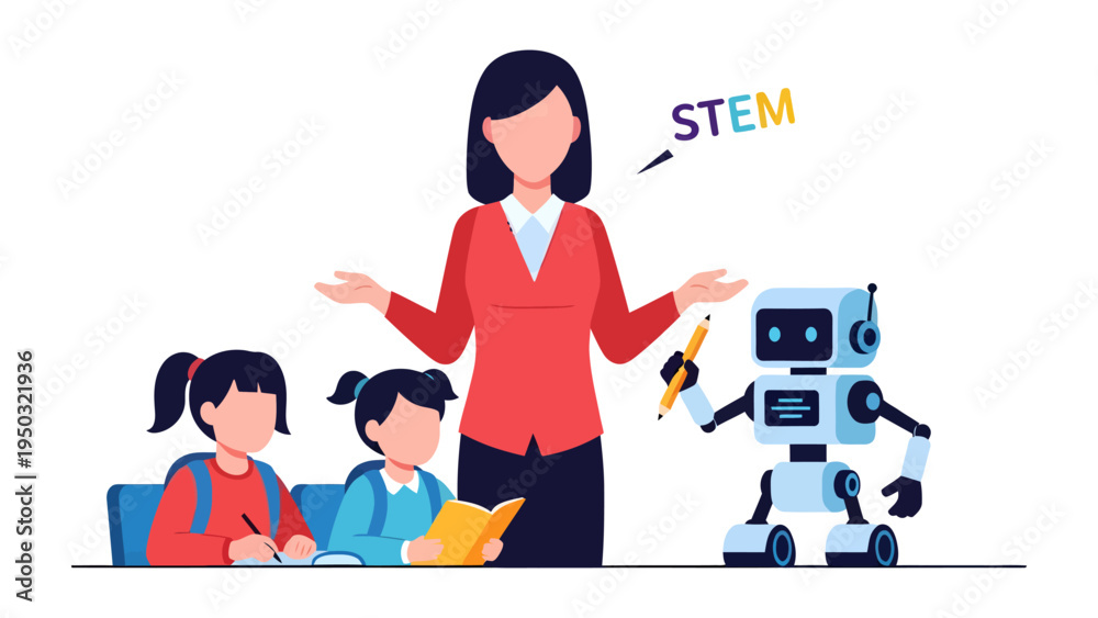 Vector de Stock STEM Education Illustration: A teacher guides two ...