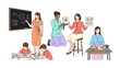 © Abu - Teachers and Students in Education: Depicting a classroom setting with instructors and pupils involved in a range of educational activities, with chalk board
