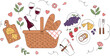 © jafrine - Romantic Picnic Basket Set with Bread, Wine, Cheese, Grapes and Dessert for Outdoor Date, Summer Picnic and Food Illustration