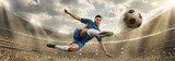 Dynamic action shot of a soccer player performing a bicycle kick in a packed stadium, dramatic lighting with sun rays breaking through clouds, motion blur on the ball, intense sports atmosphere.