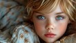 © StasySin - Young child with blonde hair rests in bed. Her bright blue eyes gaze directly at the viewer. Freckles dot her cheeks and soft lips. She leans against a patterned blanket