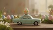 © Konstantin - Retro toy car carrying an Easter egg on the roof. Easter concept.