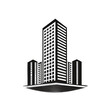 © 7sevenGr - 白い背景に孤立した高層ビルやオフィスビルのシルエットを描いたモダンな都市のスカイラインのベクターアイコンイラスト。不動産、建築、都市開発、ビジネス街のコンセプトを表現したシンプルで力強いグラフィックデザイン素材。