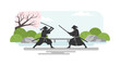 © iconic Anis - Samurai warriors duel in traditional Japanese garden with cherry blossoms