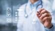 © touseef - Doctor reviewing online medical checklist on digital tablet, smart healthcare documentation system in modern hospital, physician assessing patient care quality and treatment accuracy, professional cli