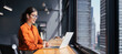 © Stock 4 You - Latin hispanic young business woman working on laptop computer sitting in office with city view. Indian entrepreneur manager businesswoman using pc for communication, learning. Web banner, copy space
