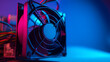 © photo for everything - Close-up detail of a server power supply fan with vibrant blue and magenta neon lighting highlighting technology and digital innovation