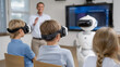 © Nataliya - Group of unrecognizable children wearing virtual reality headsets seated in a futuristic classroom with a humanoid robot and digital display, education and innovation concept,