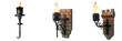© amazing - Set and collection of medieval castle wall torch with burning fire flame and wrought iron bracket on brick stone isolated on white transparent png background