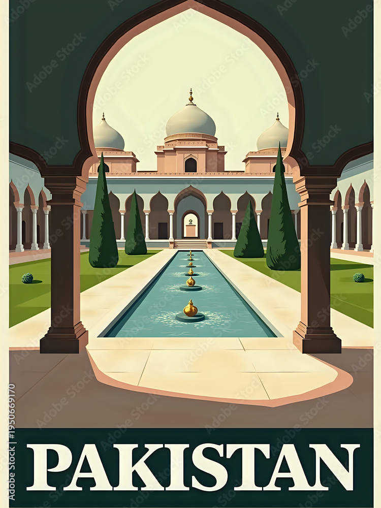 The scene shows a grand architectural site in Pakistan with tall arches and a long waterway. Green trees line the sides, and fountains add to the charm. This place captures the essence of history.