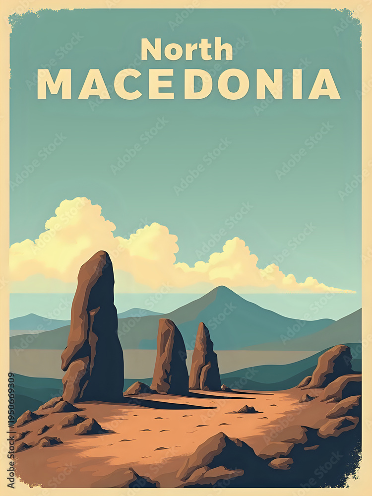 Rock formations stand tall in North Macedonia under a clear sky. The landscape shows brown earth and green mountains in the distance. The scene captures the natural beauty of the area.