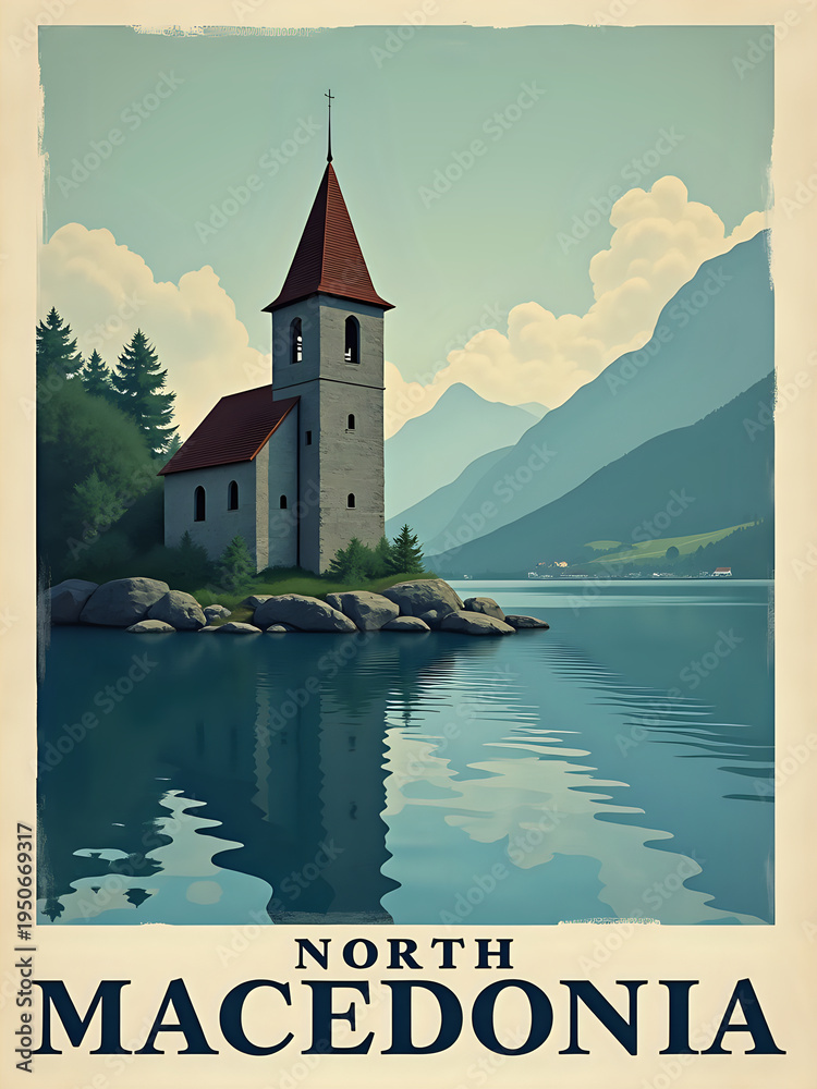 A church stands by a lake in North Macedonia surrounded by mountains. The water is still, reflecting the church and the landscape. Trees frame the scene, creating a natural setting.