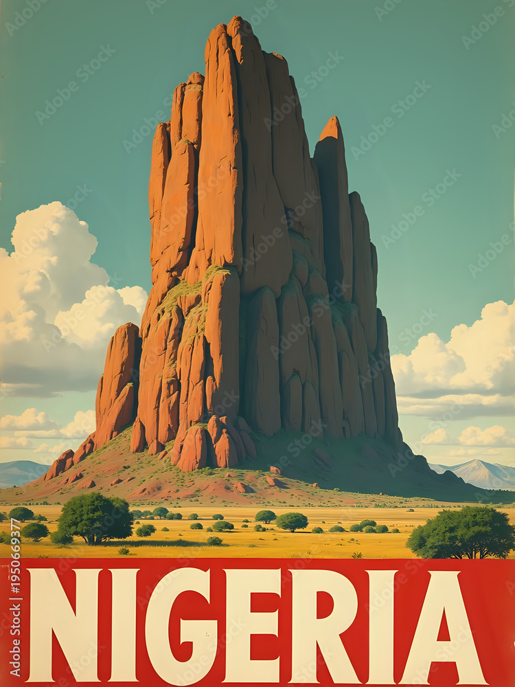 A tall rock formation rises from the ground in Nigeria. It is surrounded by green fields and a clear blue sky. Fluffy clouds float by. The scene looks vast and open.