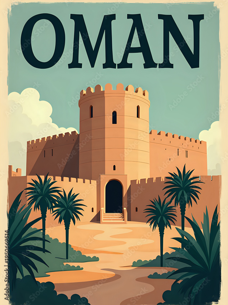 A scene shows a large castle in Oman surrounded by palm trees and desert terrain. The sun shines on the building, highlighting the strong walls and towers that tell a story of history and culture.
