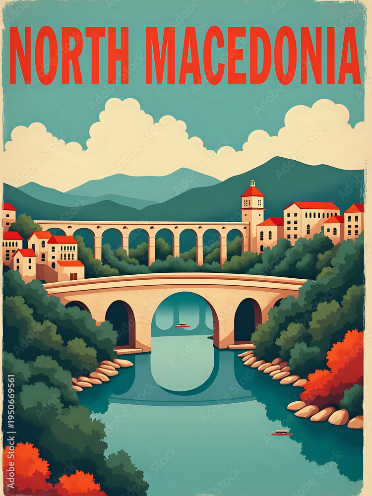 A colorful scene features a large bridge over water in North Macedonia. Houses are on the hills and a tower stands nearby. Mountains rise in the background under blue skies with some clouds.
