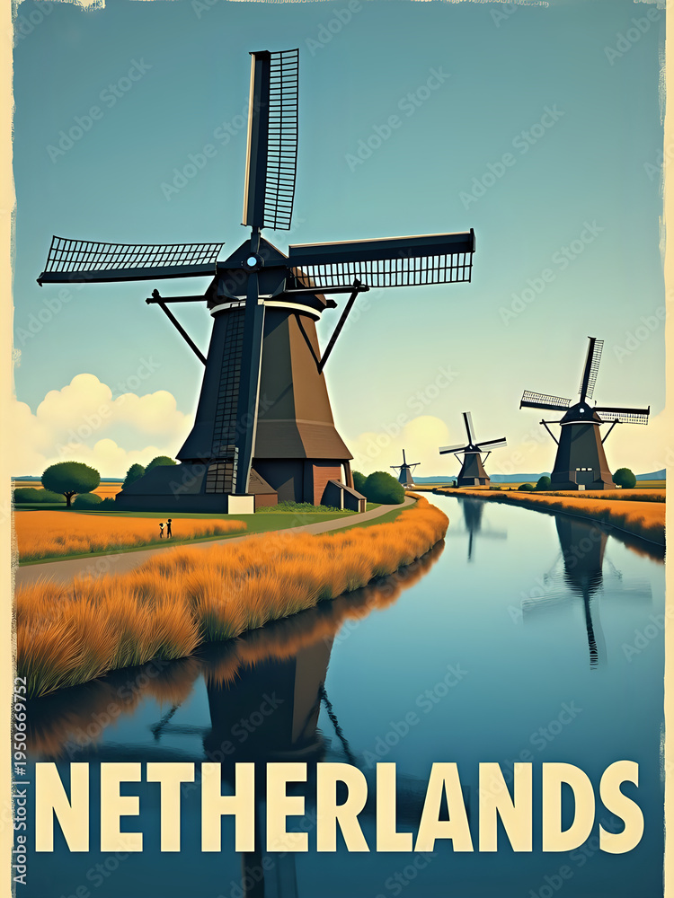 Windmills stand by a calm river in the Netherlands. Green fields extend around them under a bright blue sky. People walk near the water, enjoying the landscape and the scenery.