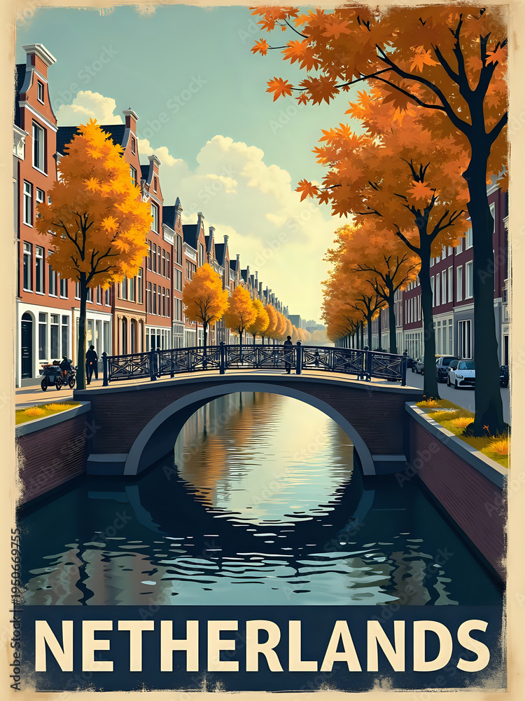 A canal in the Netherlands shows tall buildings on both sides. Orange trees line the street, and a bridge crosses over the water. People walk along the canal during autumn.