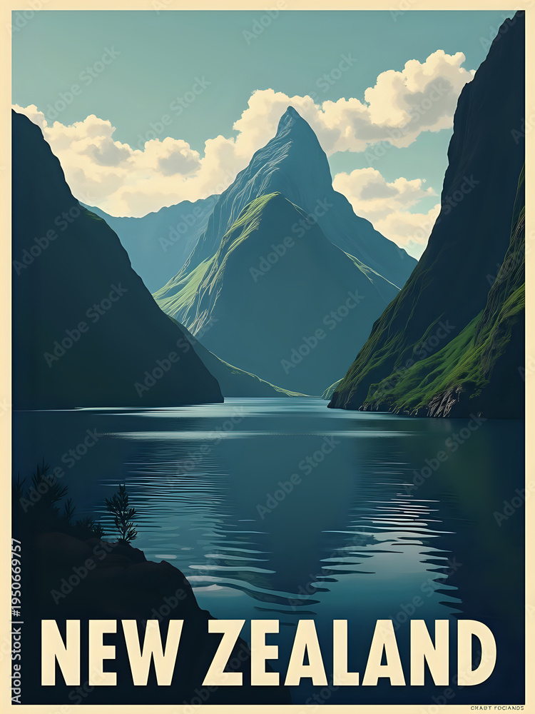 The scene shows mountains rising sharply beside a calm body of water. The sky is clear with clouds, and the sunlight shines on the landscape. This place is known for its natural beauty.