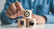 © SABYDA - Hand stacking wooden blocks with data server folder and gear checkmark database