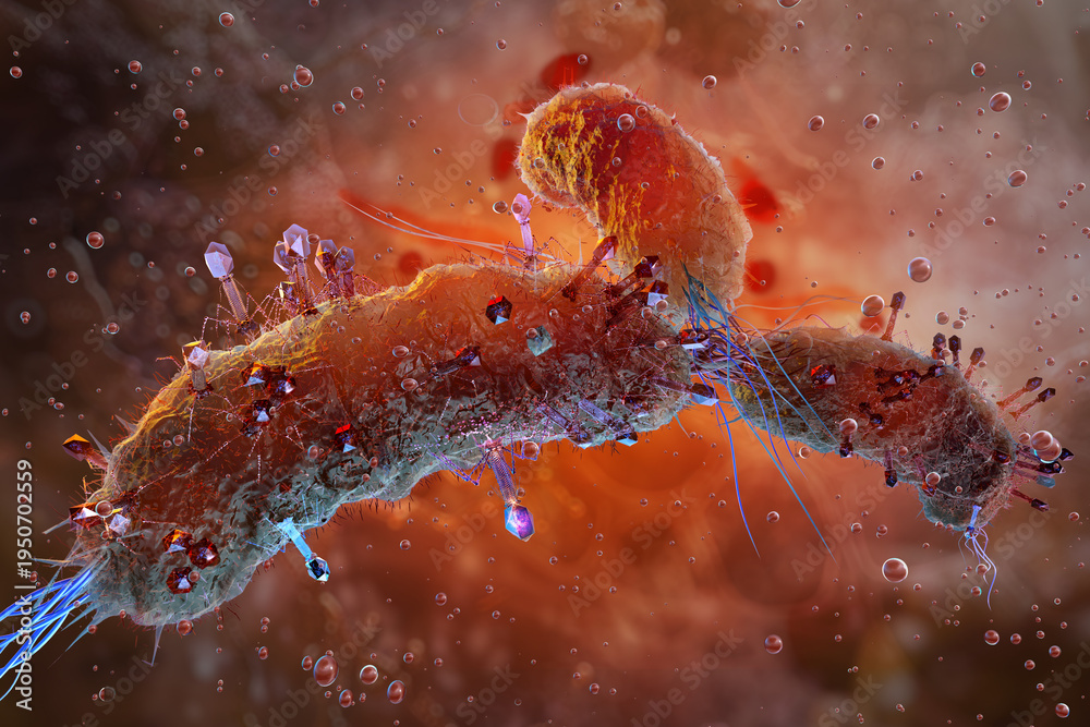 Bacteriophage infecting bacterial cell with multiple phages attached to ...