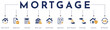 © Herry - Mortgage website banner vector illustration with an icons of home search, application, calculate, bank loan, interest rate, agreement, down payment, ownership, insurance, re-payment.