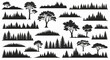 © Suminah - Large collection of diverse black forest silhouettes including pine trees, spruce, deciduous trees, and wooded horizon lines isolated on a white background for landscape design.