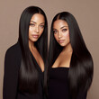 © halcon1 - Portrait of two beautiful women with long straight black hair and healthy glowing skin. Concept for hair care, salon professional treatments, luxury beauty and extensions