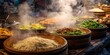 © SibteHUSSAIN - Abundant steaming dishes in a vibrant digital market stall, showcasing diverse culinary offerings with rich textures and dynamic lighting for commercial appeal.