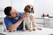 © New Africa - Smiling veterinarian in scrubs with cute dog at light wooden table in clinic