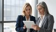 © Monster - Two professional women in business attire collaborating over a digital tablet in an office setting