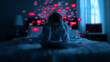 © Curioso.Photography - Woman overwhelmed by social media notifications at night lying in bed symbolizing digital addiction and mental overload.